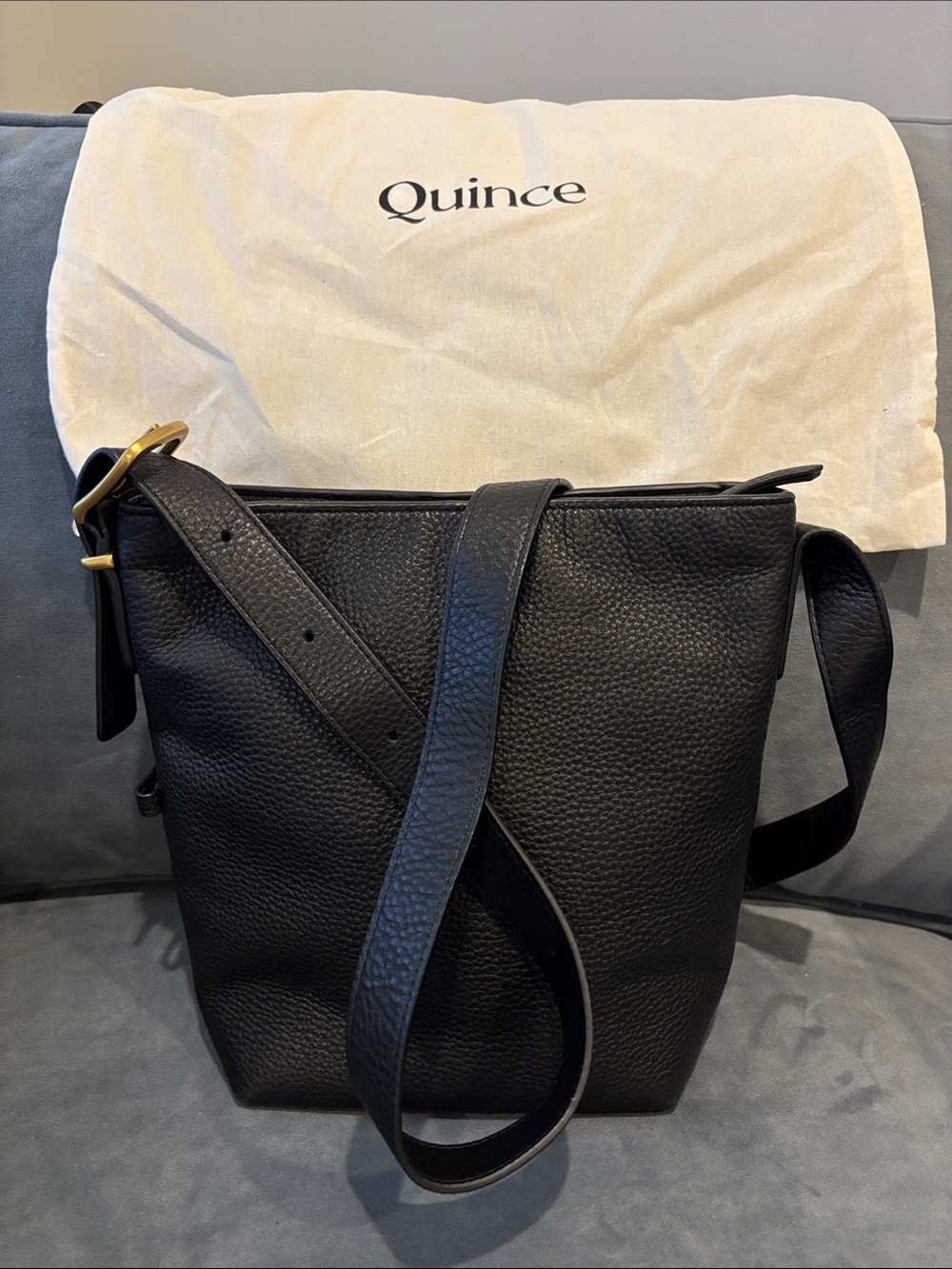 Quince Black Pebbled Leather Shoulder Bag with Gold Hardware